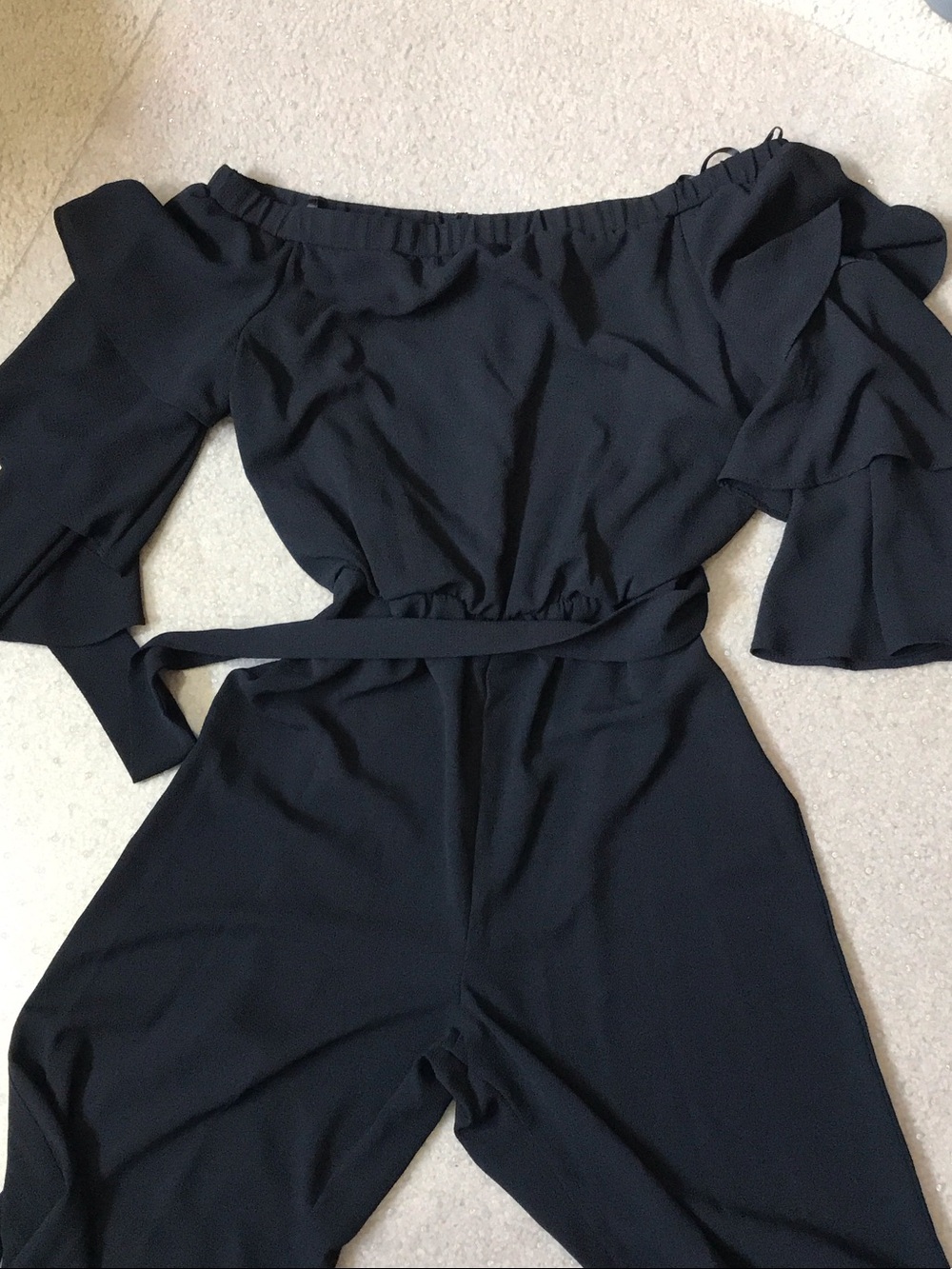 Off-Shoulder Black Jumpsuit with Waist Tie